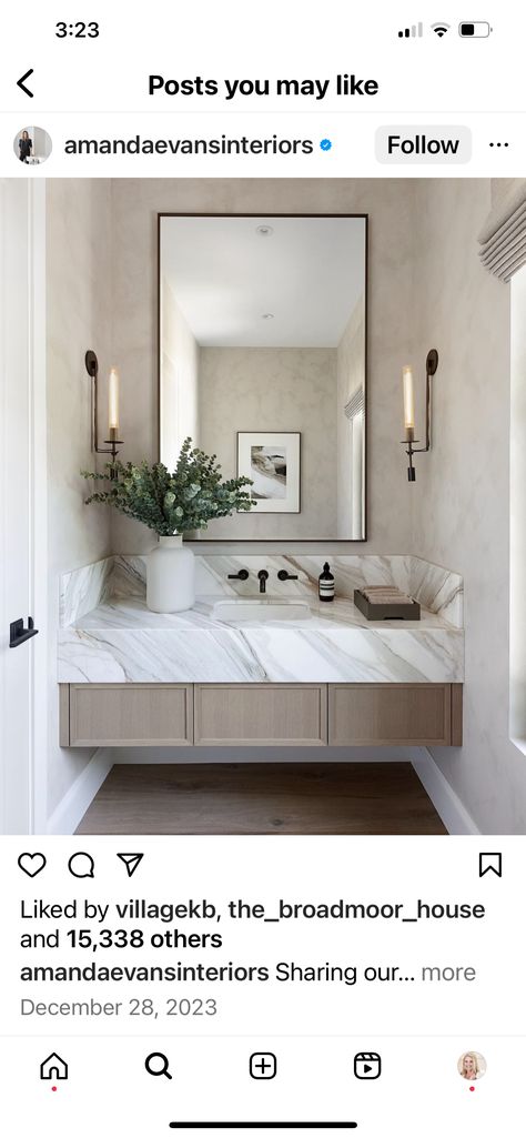 Light And Airy Powder Room, Bathroom Ideas Classic, Large Powder Room, Luxury Powder Room, Sleek Fireplace, Modern Powder Room, Built In Banquette, Floating Cabinets, Powder Room Design