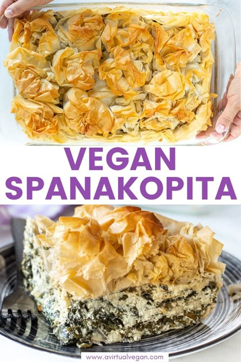 Vegan Spanakopita Recipe, Vegan Spanokita, Vegan Spinach Pie Recipe, Savory Vegan Dinner Recipes, Vegan Vegetable Pie, Vegan Pie Recipes Savory, Greek Food Vegan, Vegan Spinach Pie, Vegan Dinner Sides