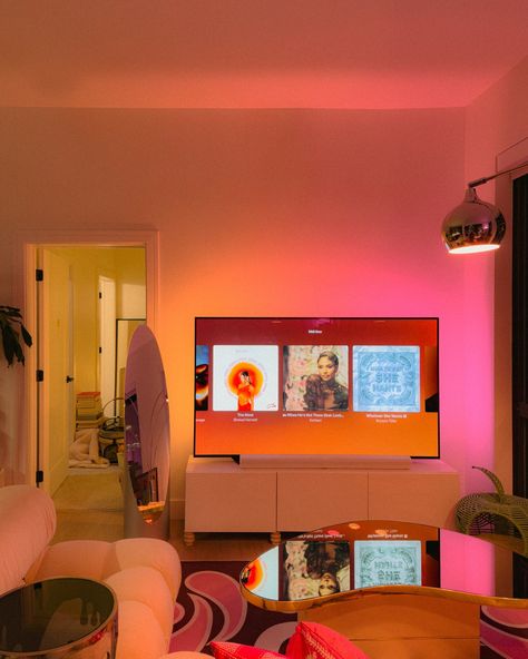 Dream apartment: night time edition✨ Comment “lighting” for the link to the tv light strips I’m using in my apartment.💡 #homedecor #apartmentdecor #cityapartment #dreamapartment #apartmentliving #huelights #huelightstrips #huelighting Tv Back Light, Tv At Night Aesthetic, Apt Lighting Ideas, Lights Under Couch, Apartment Lighting Solutions, Couch Lighting, Ambient Lighting Living Room, Under Tv Decor, Lights Behind Tv