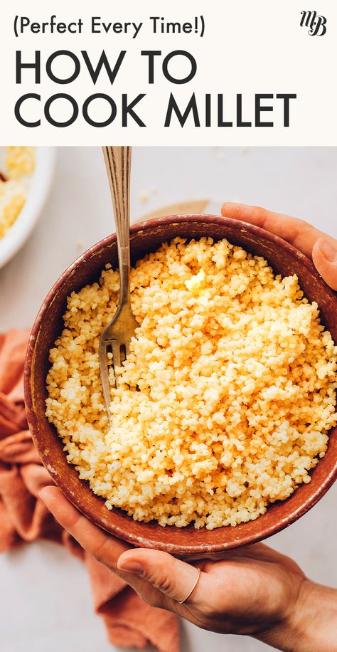 We're sharing our BEST tips on how to cook fluffy, super tender MILLET! If you haven't tried this gluten-free grain before, it's a nutty, versatile nutrient powerhouse that's delicious in stir fries, bowls, salads, cakes, and more. Our EASY stovetop method makes it ready in just 30 MINUTES! How To Cook Millet, Fluffy Cinnamon Rolls, Millet Recipes, Minimalist Baker, Gluten Free Grains, Healthy Food Motivation, Cooking Guide, Gluten Free Breakfasts, Protein Pack