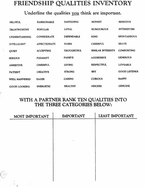 Personal Characteristics Worksheet, Positive Peer Relationship Activities, Characteristics Of A Healthy Relationship, Friendship Activities For Teens, Counselling Worksheets, Values Clarification, Islamic Study, Healthy Friendships, Positive Personality