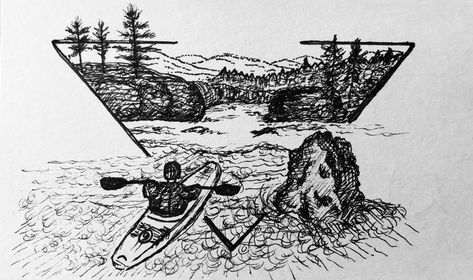 Kayak Tattoo Ideas Beautiful, Kayak Drawing, Kayaking Drawing, Kayaking Sketch, Kayak Artwork, Water Sketch, River Drawing, River Kayaking, Base Jumping