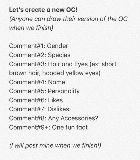 LETS CREATE AN OC!! Anyone can join/draw this OC, but I’ll be posting mine when we get around 10+ comments! Lets Make An Oc, Creating An Oc, Create An Oc, Make An Oc, Oc Creator, Drawing Challenges, Art Style Challenge, Oc Challenge, Human Drawing