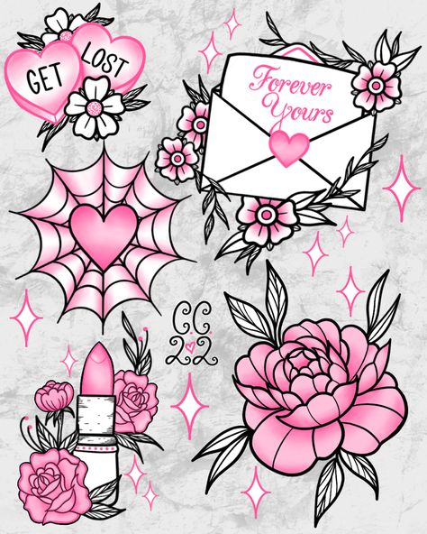 Pink Valentines Day Tattoo Flash Digital Themes For Tattoos, Sweet Tart Tattoo, Get What You Get Tattoo Flash, The Craft Tattoo, 27 Tattoo, Petit Tattoo, Makeup Tattoo, Kawaii Tattoo, Flash Tattoo Designs