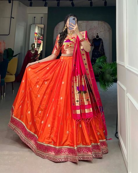 Who says you can't be trendy and traditional at the same time? 🤷🏻‍♀️ This Jacquard Silk Paithani Lehenga Choli is the perfect classic and contemporary fashion🧡🤍 *Catalogue : RUDRANI* *LNB2005ONG* *LNB2005WHT* *Lehenga(Stitched)* Lehenga Fabric : Jacquard Silk (Paithani) Lehenga work : Weaving Zari Work Lehenga Waist : SUPPORTED UP TO 42 Lehenga Closer : Drawstring with Handmade Tassels Stitching : Stitched With Canvas and Can Can Length : 41 Flair : 4 Meter Inner : Micro Cotton *Blous... Paithani Dupatta, Paithani Lehenga, Silk Blouse Work, Tassels Dupatta, Marathi Bride, Lehenga Fabric, Stitched Lehenga, Work Lehenga, Can Can