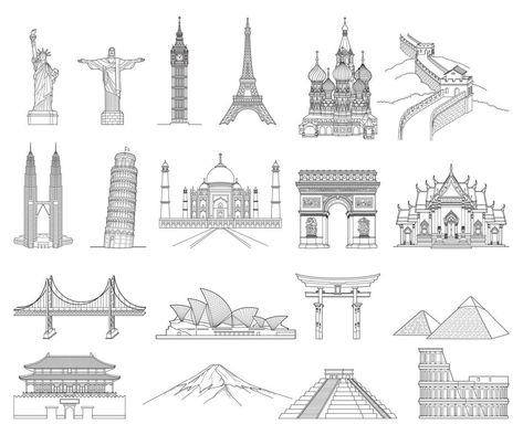 Travel Doodle Art, World Famous Places, Travel Doodle, Travel Doodles, Famous Monuments, House Sketch, Architecture Design Sketch, Doodle Art Drawing, Architecture Landmark