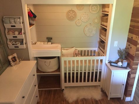 Converted our bedroom closet into a tiny nursery. Crib In Walk In Closet, Crib Closet Nursery, Closet Crib Nursery, Nursery In Closet Ideas, Nursery Nook In Closet, Closet Crib Ideas, Tiny Home With Newborn, Nursery In Walk In Closet, Tiny Home Nursery