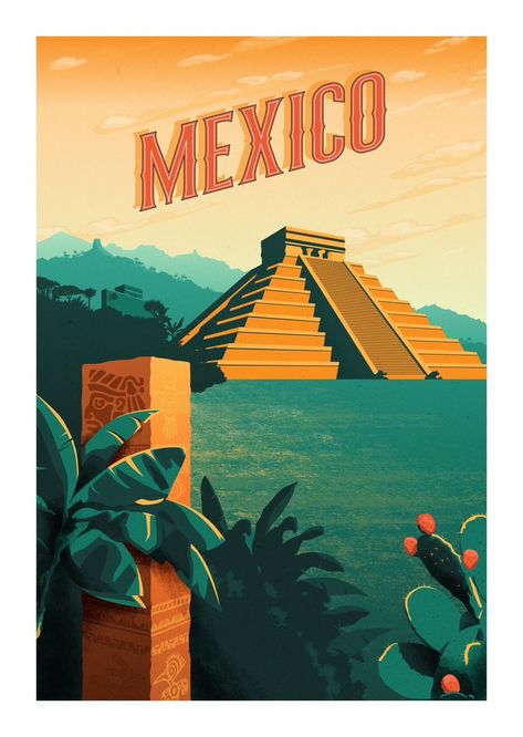 Mexico Vintage Poster, Mexico Poster Design, Country Poster Design, Mexico Wall Art, Vector Travel Poster, Vacation Poster Design, Mexico Illustration, Wallpaper Mexico, Mexico Postcard