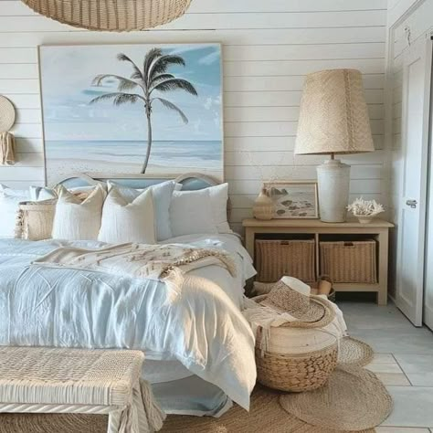 Bedroom Summer Aesthetic, Beach House Bedroom Aesthetic, Bedroom Ideas Beachy, Coastal Home Aesthetic, Ocean Interior Design, Beach Home Aesthetic, Beach Aesthetic Bedroom, Coastal Boho Interior, Beachy Interior Design