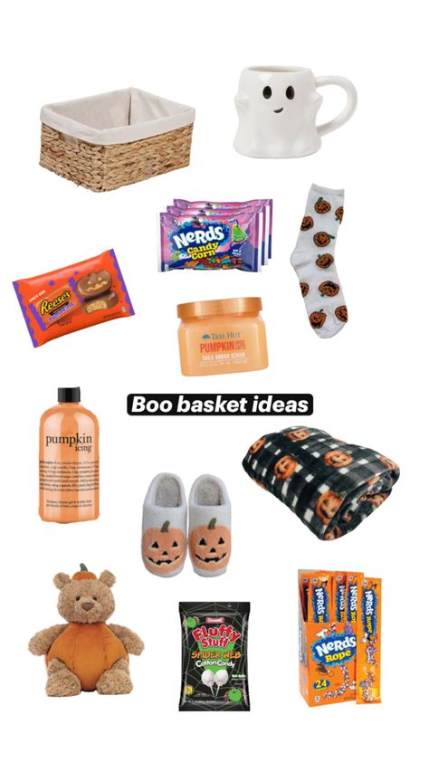 Halloween boo basket ideas Boo Basket Ideas For Girlfriend, Boo Basket Ideas For Best Friend, Halloween Boo Basket Ideas, Halloween Boo Basket, Boo Basket Ideas, Nerds Rope, Halloween Sleepover, Fall Gift Baskets, Making A Gift Basket