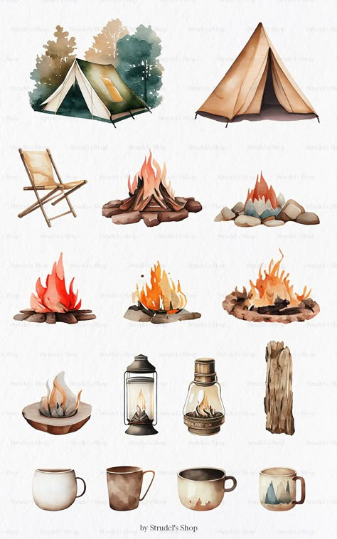 Camping Scrapbook Ideas, Glamping Christmas, Camp Illustration, Camping Watercolor, Cute Digital Stickers, Camping Drawing, Camping Png, Architecture Drawing Sketchbooks, Art Photography Portrait