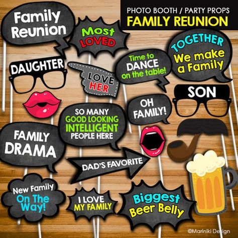 Family Reunion Photo Booth Props, Family Gathering Props, Fun Family Birthday Party Decor Printables Family Reunion Ideas Themes Photo Booths, Family Reunion Photo Booth Ideas, Family Reunion Ideas Decorations, Family Gathering Ideas, Family Reunion Photo Booth, Family Reunion Ideas Organizing, Reunion Familiar, Family Tree Ideas, Family Reunion Keepsakes