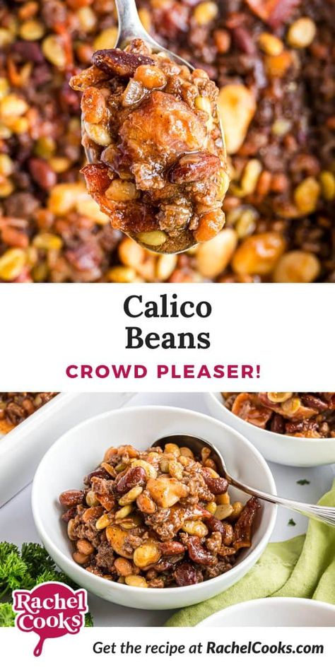 This old-fashioned calico beans recipe cooks four different types of beans with ground beef, bacon, and pork, all in a sweet-and-tangy sauce. They're like a heartier version of baked beans that works as a side or a main dish! Calico Baked Beans, Calico Beans Recipe, Beans With Ground Beef, Pork And Beans Recipe, Baked Bean Casserole, Calico Beans, Best Baked Beans, Homemade Chili Recipe, Beans In Crockpot