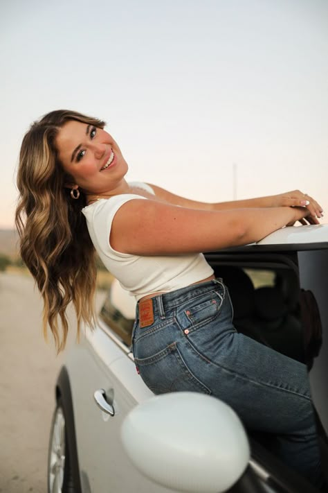 Car poses, girl poses, senior pictures, boise foothills Senior Session With Car, Cute Car Poses, Senior Poses With Truck, Senior Pics With Old Cars, How To Pose With A Truck, First Car Photoshoot, Senior Car Photoshoot, Senior Car Picture Ideas, Cute Senior Outfits