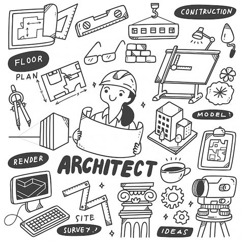 Set of architect equipment doodles | Premium Vector #Freepik #vector #build-house #home-builder #architect #builder Engineering Doodle Art, Architect Doodle, Architecture Doodle, Logo Architecture, Graduation Card Messages, Arte Doodle, Logo Design Inspiration Creative, Architect Drawing, Architecture Life