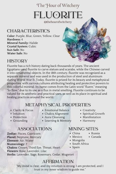 Fluorite Crystal Meaning, Energy Stones Crystal Healing, Fluorite Properties, Pagan Life, Witches Book, Spiritual Coaching, Healing Rocks, Crystal Healing Chart, John Meyer