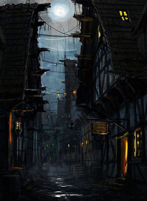 Ink Row Tattoo Parlors and Newspapers printers Medieval Slums Concept Art, Fantasy Slums Concept Art, Slums Fantasy Art, Medieval Street Concept Art, Dark Fantasy City Art, Black Market Concept Art, Fantasy Black Market, Dark Fantasy Scenery, Fantasy Slums