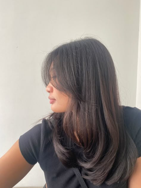 Layered Haircut With Curtain Bangs Asian, Curtain Bangs Asian Round Face, Haircuts For Medium Black Hair, Layered Long Hair Round Face, Curtain Bangs Straight Hair Asian, Short Straight Thick Haircut, Curtain Side Bangs Medium Hair, Long Haircuts With Bangs Straight Hair, Leyar Hair Cut Girl