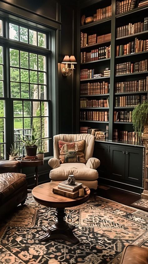 Home Library Table, Dark Wood Library Room, House Library Aesthetic, Dark Wood Library, Library Room Ideas Home, Dark Academia Home Library, Home Study Library, Library Aesthetic Home, Library Ideas For Home