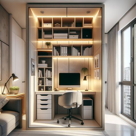 Modern home office with built-in desk, shelves, and cabinets lit by warm lighting, featuring a comfortable chair, desktop computer, and decorative plants near a large window with city view. Cramped Apartment, Dream Home Office, Small Office Interior Design, Modern Family House, Modern Home Office Furniture, Office Design Inspiration, Mini Office, Minimal Furniture, Tiny Space