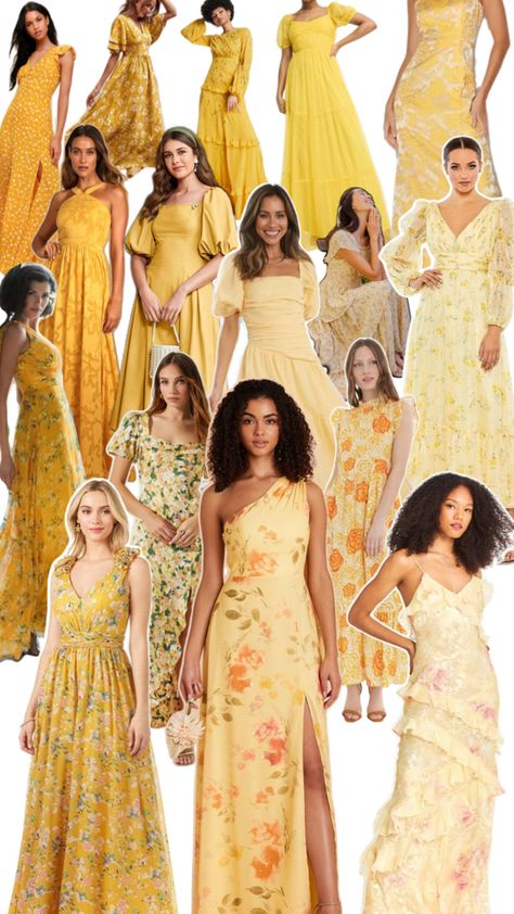 Yellow Bridesmaids Dresses for garden party wedding, wildflower spring wedding inspiration aesthetic collage, floral yellow bridesmaids dress, solid yellow bridesmaids dress Yellow Bridesmaids Dress, Yellow Bridesmaids Dresses, Beach Wedding Guest Attire, Garden Wedding Dress Guest, Floral Bridesmaids, Wedding Dress Aesthetic, Party Dress Codes, Yellow Wedding Dress, Garden Party Outfit