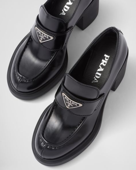 Black Chocolate high-heeled brushed leather loafers | Prada High Heel Loafers, Prada Loafers, Leather Loafers Women, Loafers Women, Occasion Shoes, Black Leather Loafers, Loafers Style, Prada Leather, Ballerina Shoes