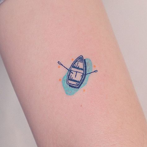 colorful blue small row boat tattoo Row Boat Tattoo, Boat Tattoo, Cute Tattoo, 1 Tattoo, Dainty Tattoos, Aesthetic Tattoo, Small Tattoo, Row Boat, Skin Art