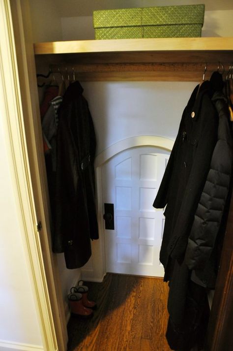 These parents made their kids a little hideaway room in the back of the coat closet! It's super cute, and even has 'snack doors' in the wall. I love it.  -- A Secret Kids Room Through the Closet -- Apartment Therapy Closet With Secret Door, Bedroom With Secret Room, Secret Door Closet, Secret Nooks In Houses, Narnia Closet Secret Rooms, Secret Door In Closet, Small Secret Room, Secret Closet Door, Secret Playroom