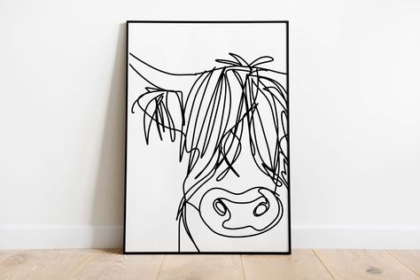 Chloe Art, White Highland Cow, Cow Tattoo, Cow Art Print, Highland Cow Art, Line Wall Art, Plant Art Print, Line Art Print, Art Water