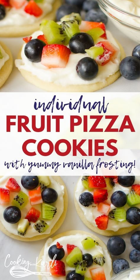 Fruit Pizza Cookies are all the deliciousness you get in a traditional fruit pizza recipe just individual sized!! Soft sugar cookie crust, topped with a sweet, creamy frosting & your favorite fruits; strawberries, raspberries, blueberries, kiwi, blackberries, bananas.. the possibilities are endless! This is a perfect dessert for a crowd! |Cooking with Karli| Valentine Fruit Pizza Cookies, Individual Fruit Pizza Cookies, Holiday Fruit Pizza, Crumbl Fruit Pizza Cookie, Fruit Pizza Cookies Easy, Cookies With Fruit On Top, Pizza Fruit Cookie, Sugar Cookie Recipe For Fruit Pizza, Fruit Pie Cookies