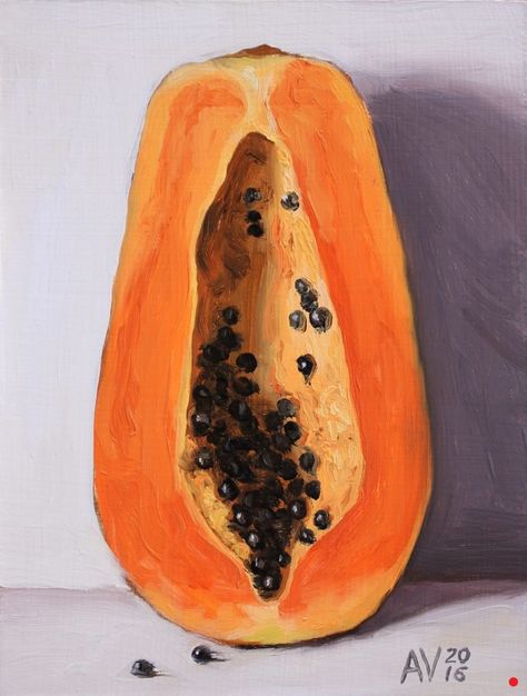 Papaya Original Oil Painting by Aleksey Vaynshteyn | Alexbox Papaya Oil Painting, Papaya Still Life, Papaya Painting Acrylic, Painting Fruits And Vegetables, Acrylic Fruit Painting, Fruit Painting Ideas, Papaya Drawing, Papaya Painting, Fruit Drawings