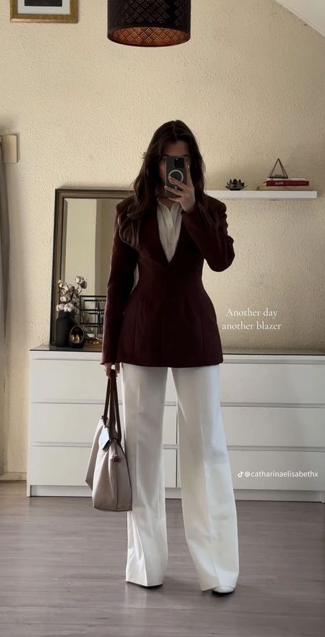 Office Outfits Women Trousers, Formal Fits Women Aesthetic, Beige Classy Outfit, White And Burgundy Outfit, Burgundy Slacks Outfit Women, Court Outfit Trial, High Waist Trousers Outfit Classy, Burgundy Suit Women Outfit, Wide Leg Slacks Outfit