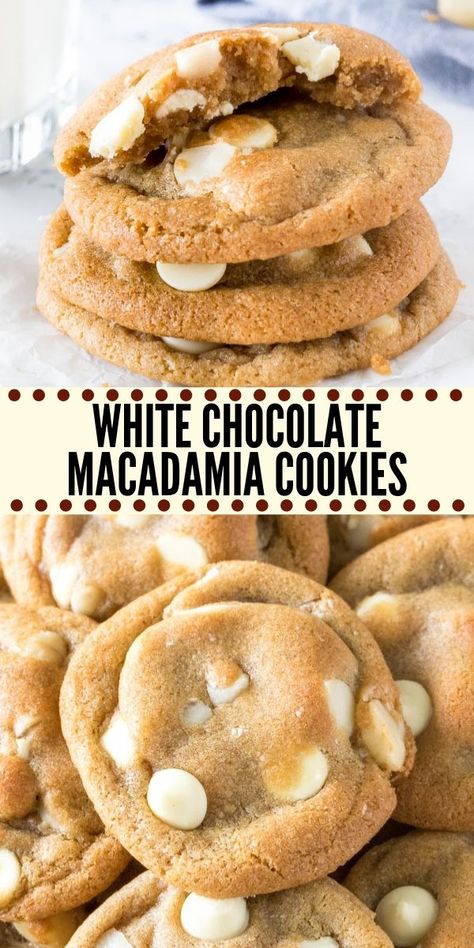 These white chocolate macadamia cookies have soft and chewy centers, perfectly golden edges, and are packed with white chocolate and macadamia nuts. This recipe has been tested, retested & taste tested to produce buttery, chewy cookies that are seriously impossible to resist. #whitechocolate #macadamianut #cookie #recipes #whitechocolatemacadamianutcookies #easy #fromscratch Chocolate Macadamia Cookies, White Chocolate Macadamia Cookies, White Chocolate Macadamia Nut Cookies, Macadamia Cookies, Macadamia Nut Cookies, White Chocolate Macadamia, White Chocolate Chip, Chocolate Macadamia, Chewy Cookies