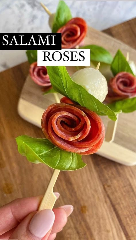 Salami Bowtie, Salami Roll Ups Appetizers, How To Roll Prosciutto For Cheese Board, Salami Rose Skewer, Salami Roses How To, How To Fold Salami For Charcuterie, Charcuterie Kabobs, Charcuterie Sticks, Salami Skewers