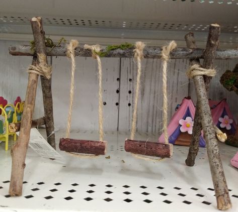 Fairy swing at Michaels Moss Diy, Kids Fairy Garden, Miniature Garden Decor, Fairy Garden Pots, Fairy Tree Houses, Fairy House Crafts, Fairy Garden Furniture, Fairy House Diy, Fairy Garden Crafts