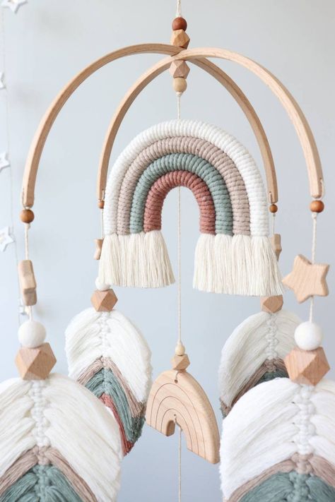 Boho Themed Nursery, Mobile For Crib, Forest Nursery Decor, Boho Mobile, Rustic Nursery Decor, Rainbow Mobile, Macrame Baby, Macrame Feathers