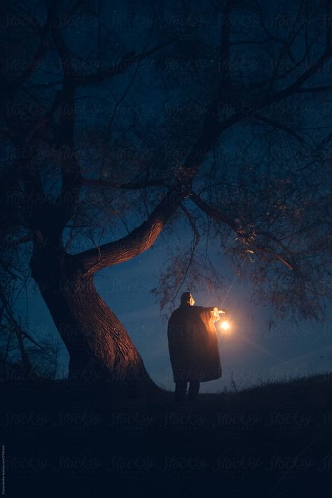 Man with lantern walking through haunted landscape in the dark night Landscape Night Photography, Lantern Aesthetic Dark, Light In The Dark Aesthetic, Holding Lantern Reference, Dark Forest Aesthetic Night, Man In Darkness, Night Forest Aesthetic, Dark Concept Photography, Dark Night Photography