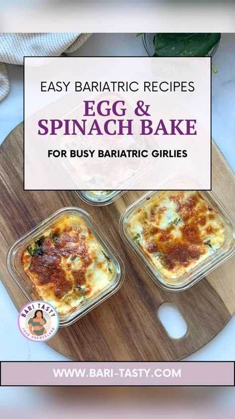 🔥 SAVE. THIS. MEAL!   Here’s what you need (3 servings about 1 cup each)  ◻️ 3 eggs ◻️ 6 oz cottage cheese ◻️ everything but the bagel seasoning (or any seasoning of your liking) ◻️ 2 cups chopped spinach ◻️ 1 cup shredded mozzarella cheese  How to make it 👇   1️⃣ Preheat oven to 350F (180C).  2️⃣ In an oven-safe dish crack the egg and add 1/3 of the cottage cheese. Mix until well combined.  3️⃣ Add the seasoning.  4️⃣ Add the spinach and top with mozzarella.  5️⃣ Place in oven, about 12 minutes or until cheese is bubbly.  Enjoy! #bariatricsurgery#bariatric#gastricsleevesurgery Post Op Soft Foods, Bariatric Soft Food Recipes Chicken, Easy Bariatric Recipes Simple, Spinach Mozzarella Egg Bake, Bariatric Bypass Recipes Soft Foods, Bariatric Soft Food Meal Plan, Cheap Bariatric Meals, Bariatric Birthday Cake, Bariatric Recipes Easy