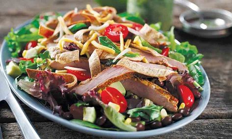 Pork Tenderloin Salad, Salad With Pork, Mustard Pork Tenderloin, Cilantro Lime Vinaigrette, Spring Mix Salad, Tortilla Strips, Lime Vinaigrette, Hearty Salads, Steak Salad