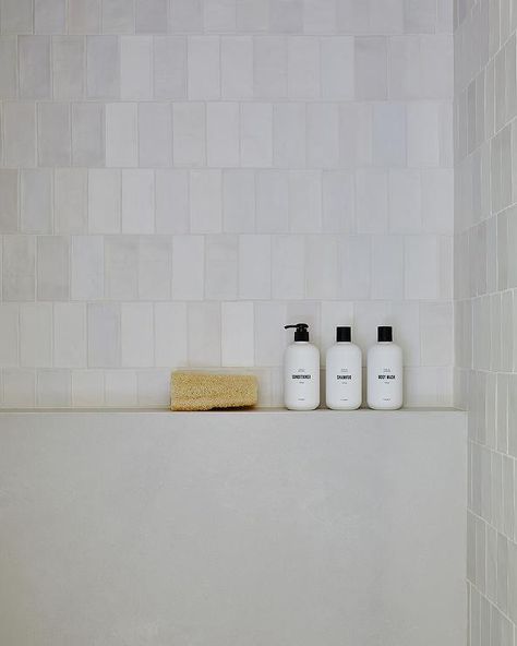 Shower Ledge, Shower Wall Tiles, Shower Design Ideas, Modern Shower Design, Collective Studio, Ceiling Shower Head, Pure Salt Interiors, Black Floor Tiles, Shower Wall Tile