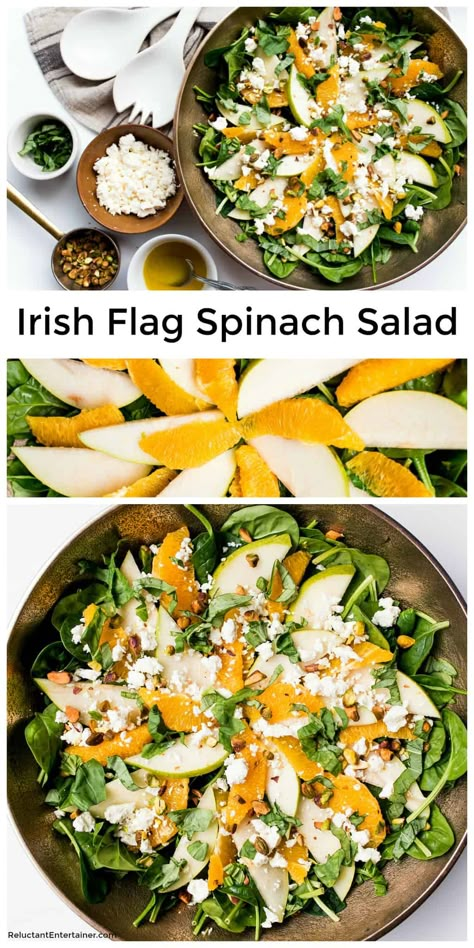 Irish Flag Spinach Salad Recipe #irishsalad #spinachsalad #irishflagsalad #stpatricksday via @sandycoughlin Tangy Salad Dressing, Irish Dinner, Irish Cuisine, Vegetable Soup Healthy, Spinach Salad Recipes, Taco Salads, Breakfast Salad, Ireland Flag, Fresh Spinach