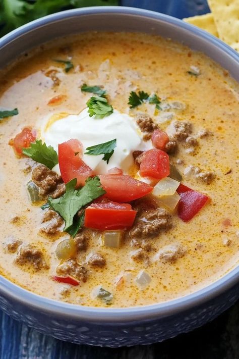 Our Creamy Taco Soup recipe is the perfect blend of comfort food and Mexican flavors. Made with simple ingredients.. Taco Soup With Potatoes, Creamy Taco Soup Crock Pot, Princess And The Frog Beignets, Creamy Taco Soup Recipe, Taco Soup Ranch, Creamy Taco Soup, Taco Soup Ingredients, Leftover Taco Meat, Taco Soup Recipe Easy