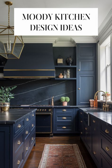 Create a dramatic and cozy kitchen with dark cabinetry, bold lighting, and natural materials. Explore moody kitchen ideas for a stylish and sophisticated space. Stone Blue Kitchen Cabinets, Brick Backsplash With Navy Cabinets, Black And Terracotta Kitchen, Navy Blue And Black Kitchen, Dark Teal Kitchen Cabinets, Moody Cottage Kitchen, Moody Blue Kitchen, Dark Blue Kitchen Ideas, Dark Kitchen Backsplash Ideas