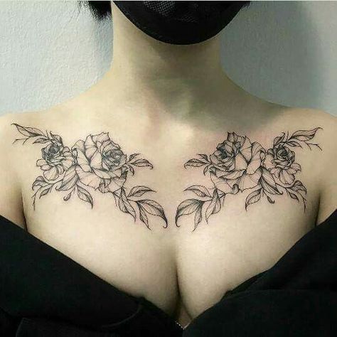 Collarbone Rose Tattoo, Gothic Collar Bone Tattoo, Chest Flower Tattoo, Floral Chest Tattoo Female, Flower Collar Bone Tattoo, Chest Tattoo Flowers, Rose Chest Tattoo, Crest Tattoo, Skull Tattoo Flowers