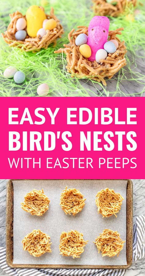 Easy Edible Bird's Nests with Peeps For Easter -- This edible bird's nest recipe with Peeps chicks is a fun and tasty Easter DIY craft for kids! Learn how to make edible bird's nests with just 4 ingredients (chow mein noodles, marshmallows, butter + vanilla) for the haystack nests + your favorite Easter candy to fill them... #easter #eastercrafts #eastercraftsforkids #easterrecipes #easterdessert Easter Birds Nest Treats, Birds Nests Recipe, Edible Bird's Nest, Birds Nest Cookies, Easter Birds Nest, Easter Egg Sugar Cookies, Peeps Crafts, Diy Craft For Kids, Easter Deserts