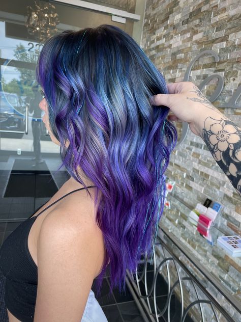 Purple Hair With Tinsel, Blue Hair Tinsel Brunette, Hair Tinsel, Purple Hair, Blue Hair, Hair Inspo, Hair Color, Dreadlocks, Long Hair Styles