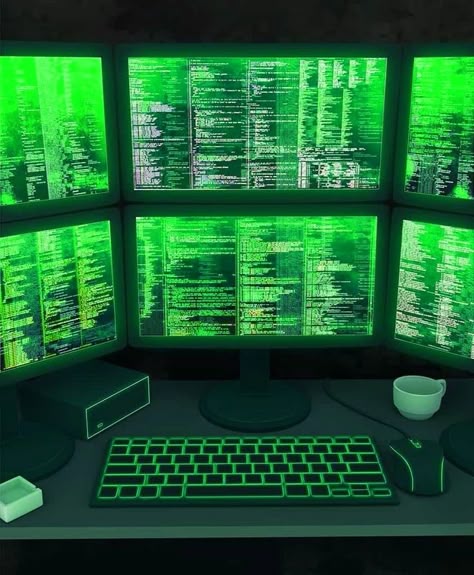 Green Gaming Room, Mad Scientist Lab, Hacker Aesthetic, Tech Aesthetic, Hacker Wallpaper, Mad Science, Green Tech, Cyberpunk Aesthetic, Aesthetic Green