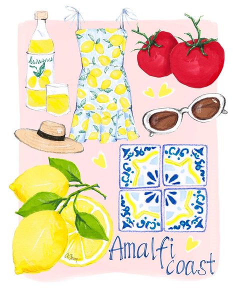 🍋Amalfi Coast🍋 . . . . . #amalficoast #lemontree #limoncello #fashionillustration Almafi Coast Italy, Amalfi Coast Beaches, Italy Illustration, Travel Journal Cover, Amalfi Coast Positano, Amalfi Coast Italy, Lifestyle Illustration, Learning Graphic Design, Pinturas Disney