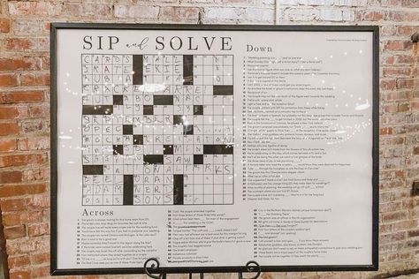 Crossword Wedding Ideas, Polaroid Photo Wall Wedding, Puzzle Seating Chart Wedding, Tarzan Wedding, Wedding Crossword Puzzle Sign, Giant Crossword Puzzle Wedding, Sip And Solve Wedding Crossword, Giant Wedding Crossword Puzzle, Cocktail Hour Crossword Puzzle