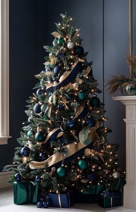 Christmas Tree Green And Blue, Blue Green Gold White Christmas Tree, Emerald Green And Navy Blue Christmas Decor, Blue Green Copper Christmas Tree, Christmas Decor Ideas Navy Blue, Christmas Tree Ideas For Green Tree, Christmas Tree Color Schemes Blue, Teal Green Christmas Tree, Navy Blue And Green Christmas Decor